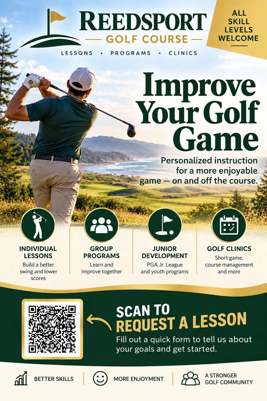 Reedsport Golf Course golf lessons flyer. The QR code and lesson request link open the request form.